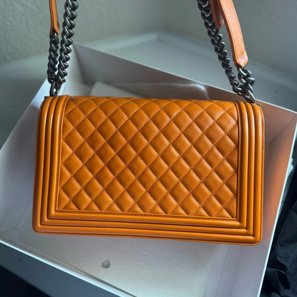 CHANEL Orange Quilted Leather Boy Crossbody Shoulder Boy Bag (Brand New)